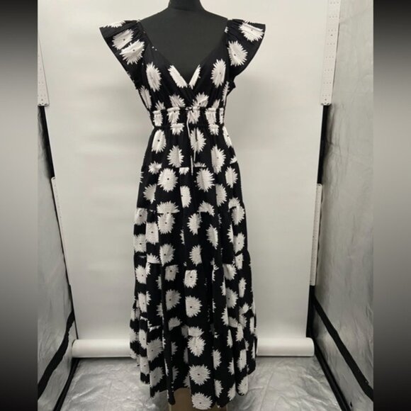 Kate Spade Pom Pom Floral Smocked Maxi Dress Sz L Black/White Excellent Cond - Picture 6 of 14